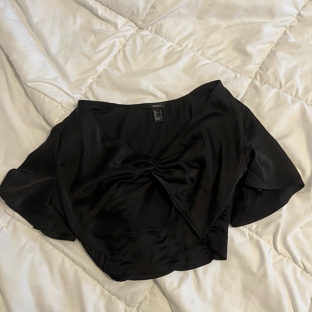 Satin Black Cropped Tie-Front Blouse Top